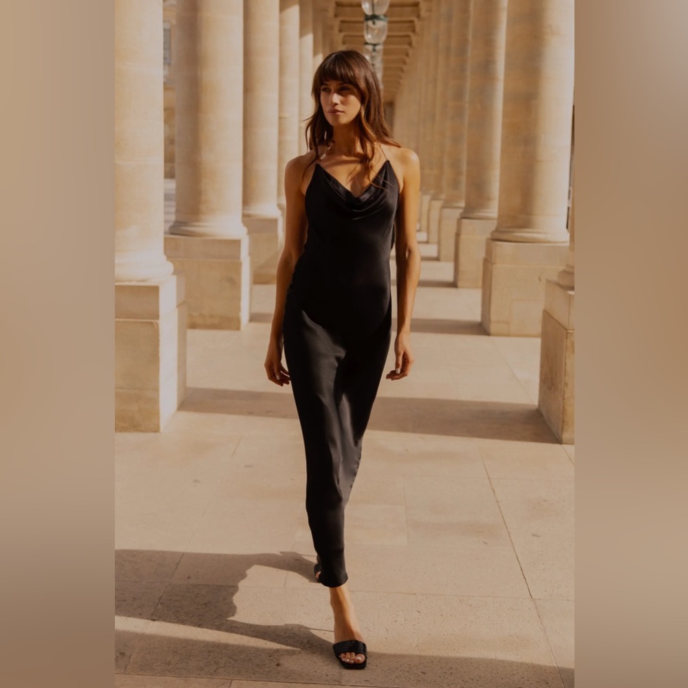 Meshki Satin Cowl Front Maxi Dress - Black